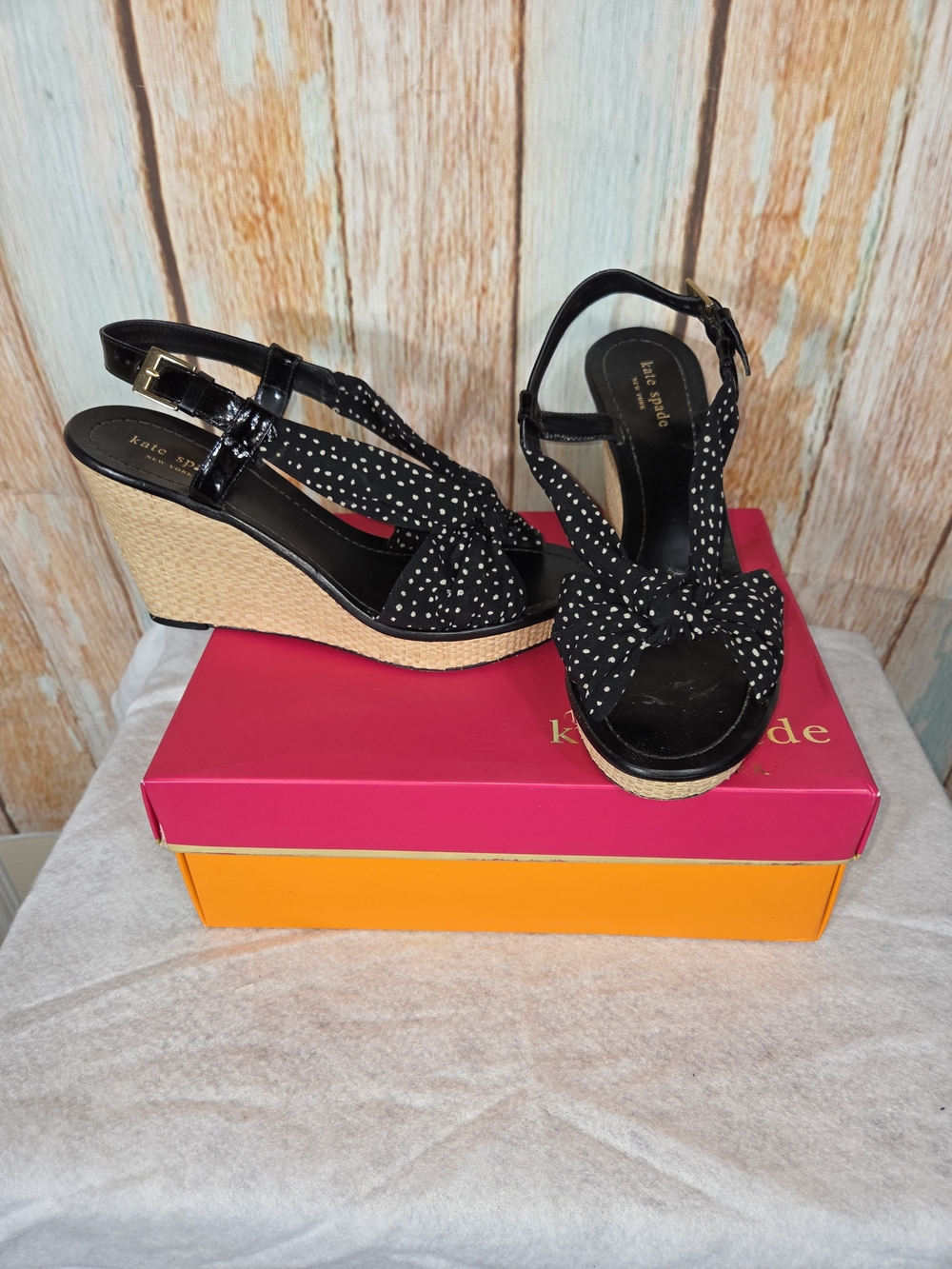Kate Spade "Clara" Black/cream Polka Dot Wedge Sandals. Size 10m